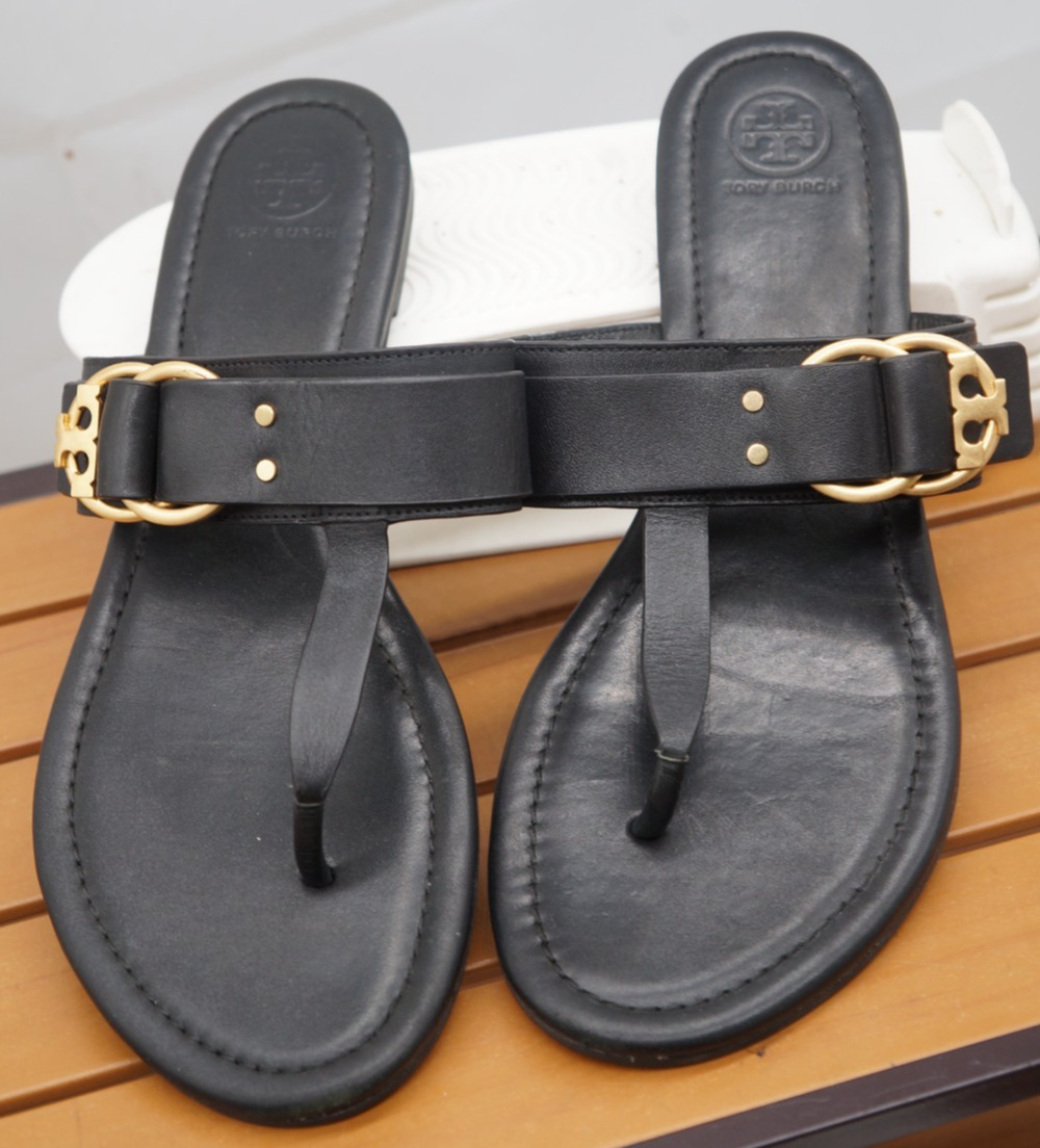 Tory Burch Marsden Flat Thong Sandals Black Leather Gold Buckle Women's Size 10